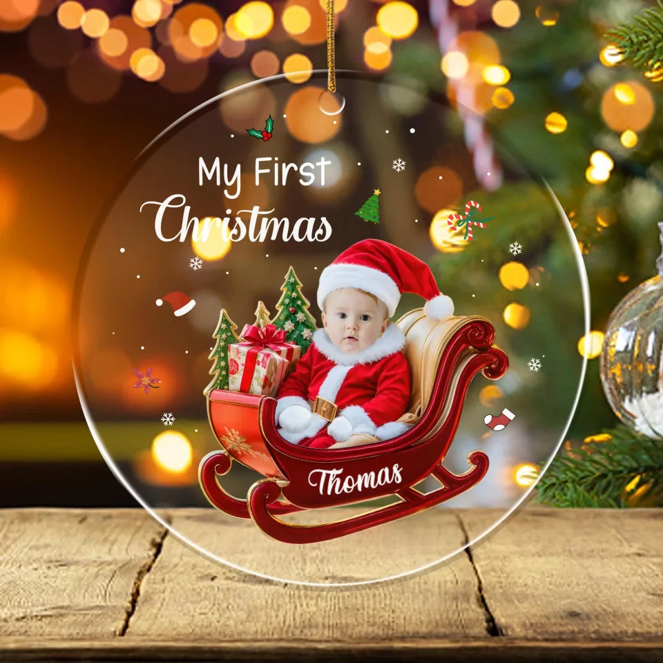 First Christmas w/ Sleigh - Personalized Acrylic Ornament | Upload Your Photo Gift