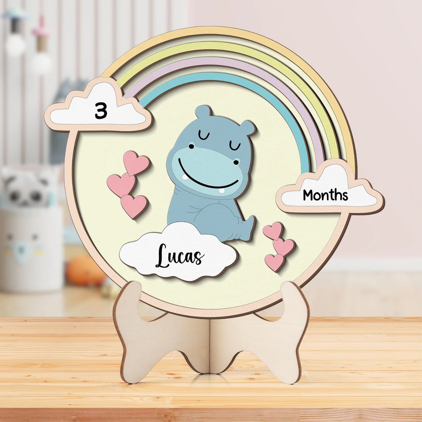 Rainbow Hippo Newborn Baby - Personalized Wood Sign (2-Layer)