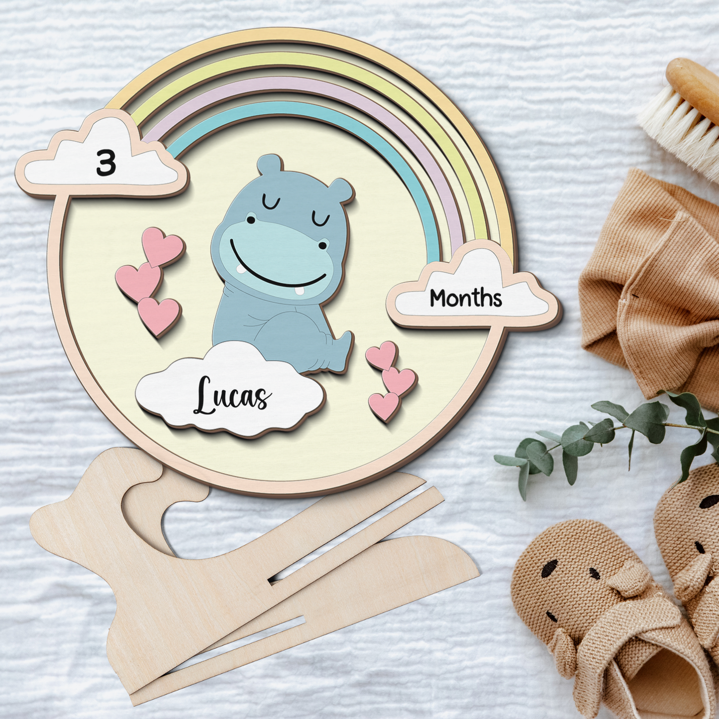 Rainbow Hippo Newborn Baby - Personalized Wood Sign (2-Layer)