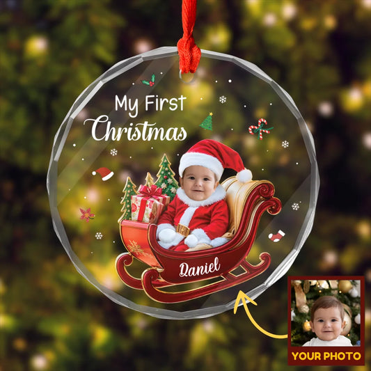 First Christmas (Sleigh) - Personalized Glass Ornament | Upload Your Photo Gift