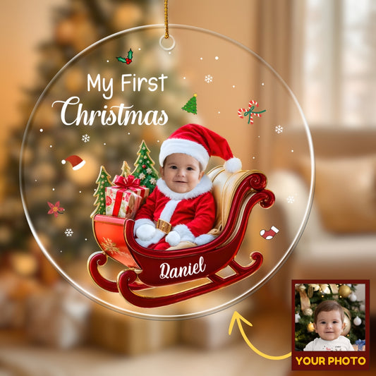 First Christmas w/ Sleigh - Personalized Acrylic Ornament | Upload Your Photo Gift