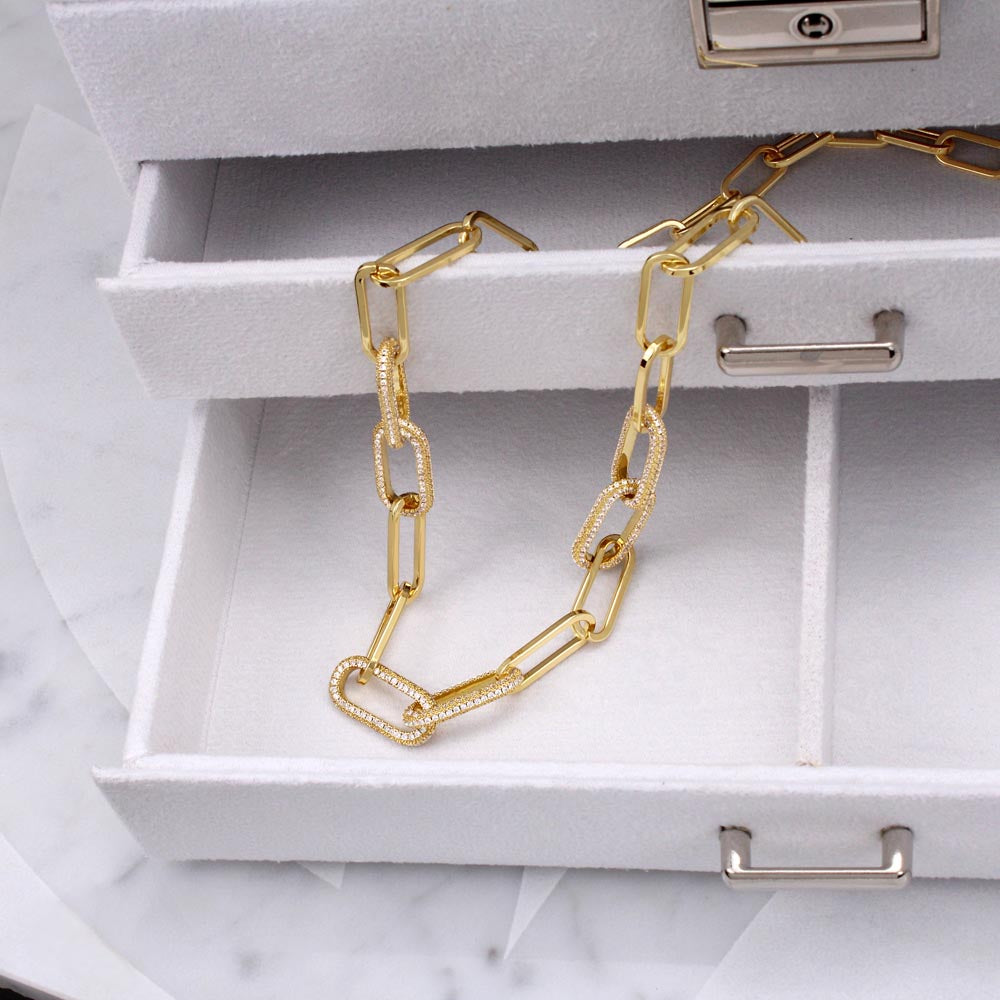 Paperclip Chain - 18K Yellow Gold Pave Set CZ